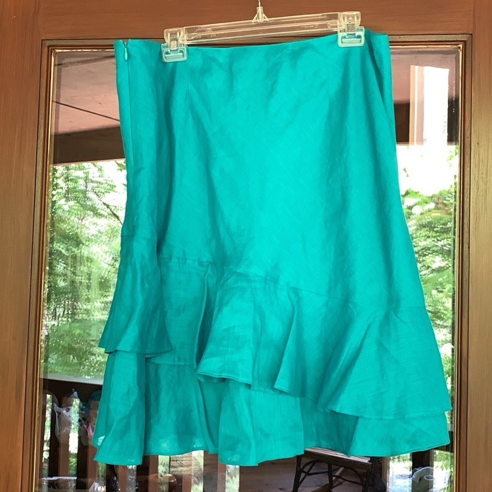 Ann Taylor teal linen full skirt with asymmetrical ruffle Size 14